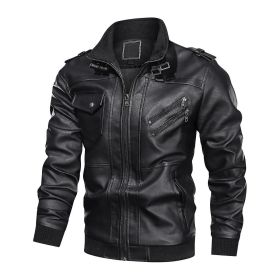 Men's PU Stand Collar Zipper Motorcycle Leather Jacket (Color: Black, size: XS)