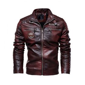 Men Leather Jacket Fleece Lining New PU Leather Coat Motorcycle Suit Windproof Waterproof Lapel Zipper Embroidery Winter Fashion (Color: Brown Red, size: XXL)