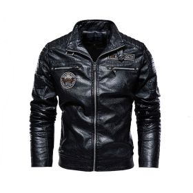 Men Leather Jacket Fleece Lining New PU Leather Coat Motorcycle Suit Windproof Waterproof Lapel Zipper Embroidery Winter Fashion (Color: Black, size: L)