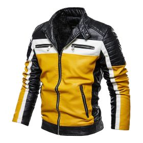 Fleece Leather Jacket Men Lining New PU Trench Coat Motorcycle Suit Windproof Waterproof Lapel Zipper Embroidery Winter Fashion (Color: yellow, size: XXL)