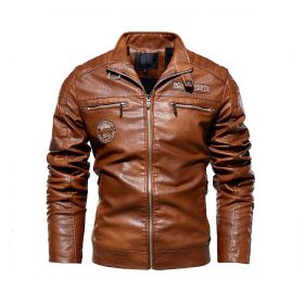 Men Leather Jacket Fleece Lining New PU Leather Coat Motorcycle Suit Windproof Waterproof Lapel Zipper Embroidery Winter Fashion (Color: Brown yellow, size: L)