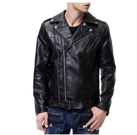 Men's Faux Leather Jacket Black Slim Fit Belted Punk Motorcycle Coat (Color: colorful, size: S)