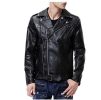 Men's Faux Leather Jacket Black Slim Fit Belted Punk Motorcycle Coat