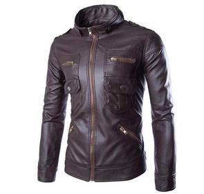 Men's Jacket Stand Collar Multi Pocket Leather Motorcycle Jacket (Color: Dark Purple, size: L)