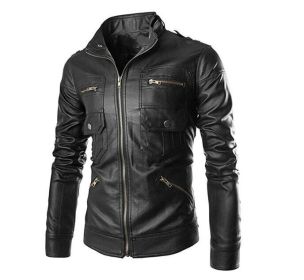 Men's Jacket Stand Collar Multi Pocket Leather Motorcycle Jacket (Color: Black, size: M)