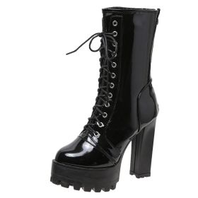 Lucyever Super High Heels Ankle Boots Women 2022 Lace Up Chunky Platform Motorcycle Boots Woman Back Zipper Patent Leather Botas (Color: Black, size: 34)