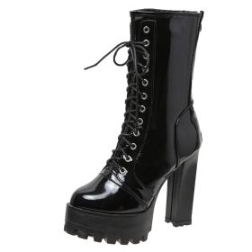 Lucyever Super High Heels Ankle Boots Women 2022 Lace Up Chunky Platform Motorcycle Boots Woman Back Zipper Patent Leather Botas (Color: Black, size: 38)