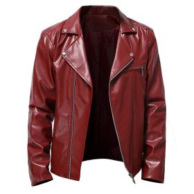 Men's Autumn PU All-match Casual Lapel Motorcycle Leather Jacket (Color: Red, size: S)