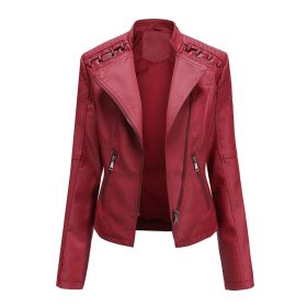 Womens Faux Leather Motorcycle Jacket (Color: Red, size: S)