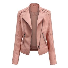 Womens Faux Leather Motorcycle Jacket (Color: Pink, size: S)