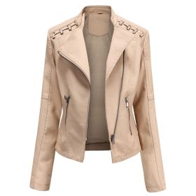 Women's Leather Short Jackets Slim Fit Thin PU Leather Motorcycle Clothing for Ladies Spring and Autumn (Color: Beige, size: S)