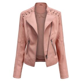 Women's Leather Short Jackets Slim Fit Thin PU Leather Motorcycle Clothing for Ladies Spring and Autumn (Color: Pink, size: M)