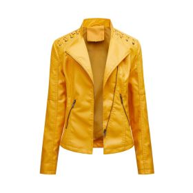 Women's Leather Short Jackets Slim Fit Thin PU Leather Motorcycle Clothing for Ladies Spring and Autumn (Color: yellow, size: XL)