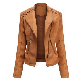 Women's Leather Short Jackets Slim Fit Thin PU Leather Motorcycle Clothing for Ladies Spring and Autumn (Color: Camel, size: 4XL)