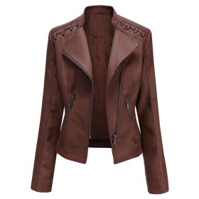 Women's Leather Short Jackets Slim Fit Thin PU Leather Motorcycle Clothing for Ladies Spring and Autumn (Color: Brown, size: S)