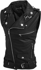 Men's Fashion Motorcycle Leather Vest Slim Fit Multi-Zip Lapel Short Leather Vest (size: BLACK-S)