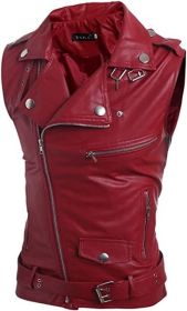 Men's Fashion Motorcycle Leather Vest Slim Fit Multi-Zip Lapel Short Leather Vest (size: RED-M)