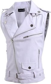 Men's Fashion Motorcycle Leather Vest Slim Fit Multi-Zip Lapel Short Leather Vest (size: WHITE-M)