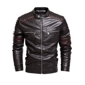 Autumn Winter Fleece Leather Jacket Men New PU Trench Coat Motorcycle Suit Windproof Waterproof Lapel Zipper Embroidery Fashion (Color: Dark brown, size: XXL)