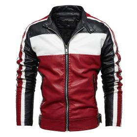 Fleece Leather Jacket Men Lining New PU Trench Coat Motorcycle Suit Windproof Waterproof Lapel Zipper Embroidery Winter Fashion (Color: Red, size: XXL)