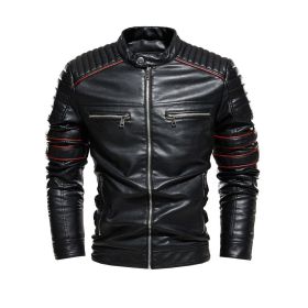 Autumn Winter Fleece Leather Jacket Men New PU Trench Coat Motorcycle Suit Windproof Waterproof Lapel Zipper Embroidery Fashion (Color: Black, size: XL)