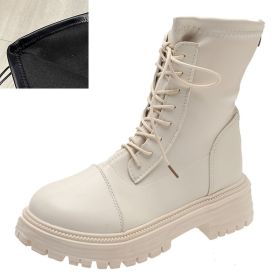 Lucyever Lace Up Platform Ankle Boots Women Black White Thick Sole Motorcycle Boots Woman British Style Pu Leather Shoes Female (Color: Beige, size: 37)