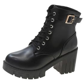 Lucyever Black Platform Thick Heel Boots Women 2022 Pu Leather Lace Up Ankle Boots Woman Metal Buckle Punk Motorcycle Botas (Color: Black, size: 36)