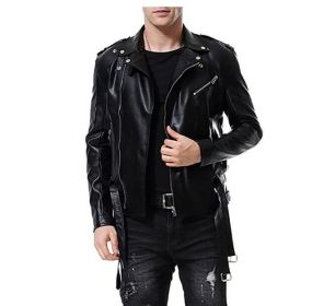 Men's Faux Leather Jacket Double Belt Punk Motorcycle Slim Fit (Color: colorful, size: S)