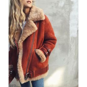 Autumn Winter Women Fashion Warm Fur Coat Casual Style Zipper Motorcycle Leather Coat Jacket Winter Outwear (Color: brick red, size: S)