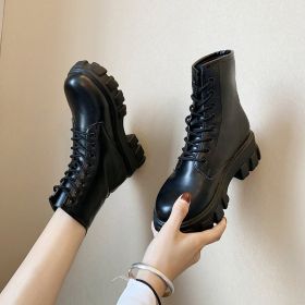 Botas Women Motorcycle Ankle Boots Wedges Female Lace Up Platforms Spring Black Leather Oxford Shoes Woman 2022 Botas Mujer (Color: Black plush, size: 40)