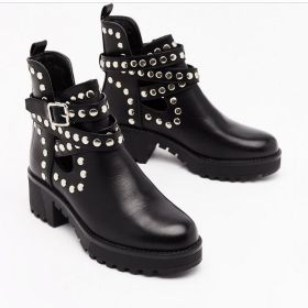 Women Short Boots Ladies Leather Ankle Boots Autumn Platform Motorcycle Shoes For Woman Punk Pearl Rivet Shoes Large size777 (Color: Black, size: 42)