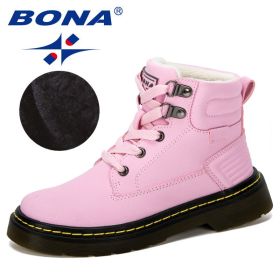 BONA 2019 New Designer Leather Motorcycle Boots Winter Kids Snow Boots Brand Girls Princess Shoes Children Outdoor Boots Trendy (Color: Pink, size: 4)