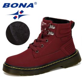 BONA 2019 New Designer Leather Motorcycle Boots Winter Kids Snow Boots Brand Girls Princess Shoes Children Outdoor Boots Trendy (Color: Dark red, size: 3.5)