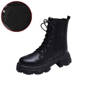 Winter Women Ankle Boots Leather Women Waterproof Female Platform Boots Fashion Chunky Heel Motorcycle Boots Chaussures Femme (Color: Black No Plush, size: 6)