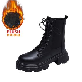 Winter Women Ankle Boots Leather Women Waterproof Female Platform Boots Fashion Chunky Heel Motorcycle Boots Chaussures Femme (Color: Black With Plush, size: 6)