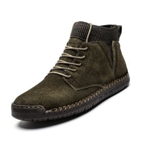 Men Shoes Winter Men Warm Fur Suede Boot Motorcycle Boots Fashion Handmade Winter Ankle Boots Male Comfortable Cowboy Boots (Color: no fur green, size: 45)