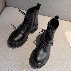 Fashion Autumn/Spring Women Boots Platform Motorcycle Boots Lace Up PU Women Shoes Non-Slip (Color: Black, size: 38)