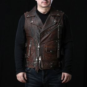 Vintage Brown Motorcycle Style Genuine Leather Vest Men Plus Size 5XL Real Natural Cowhide Spring Slim Fit Short Coat (Color: Vintage Brown, size: 4XL)