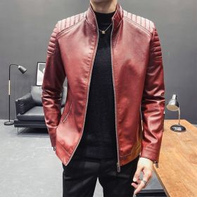 Spring Men's Jacket Fashion Faux Leather Coat Zipper Car Motorcycle Locomotive Clothing (Color: Wine Red, size: Asian M 48-58KG)