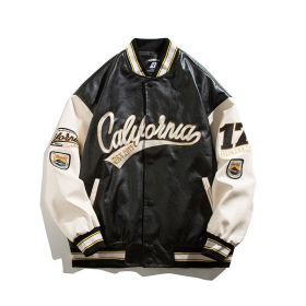 Hip Hop Leather Baseball Jacket Coat Men Patchwork Japanese Streetwear Varsity College Fashion Retro Harajuku Motorcycle (Color: Black, size: M)