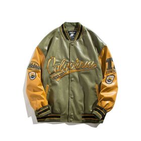 Hip Hop Leather Baseball Jacket Coat Men Patchwork Japanese Streetwear Varsity College Fashion Retro Harajuku Motorcycle (Color: Military green, size: M)