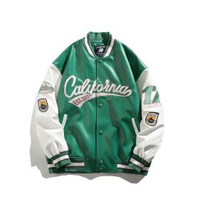 Hip Hop Leather Baseball Jacket Coat Men Patchwork Japanese Streetwear Varsity College Fashion Retro Harajuku Motorcycle (Color: green, size: M)