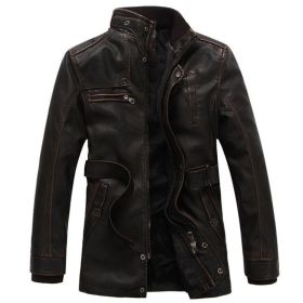 Mens Leather Jackets Winter Fleece Thermal Faux Motorcycle Jacket Stand Collar Casual Coats Zip Outerwear Plus Size 6XL (Color: coffee, size: 5XL)