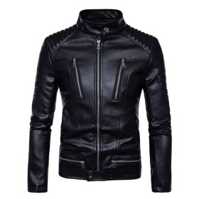 Mens Leather Biker Jacket Punk Style Stand Collar Fashion Multiple Zipper PU Motorcycle Coat Men High Quality Faux Leathers (Color: Black, size: XXL)