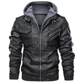 New Mens Outwear Bomber Vintage Autumn Black PU Leather Casual Jacket Slim Fit Motorcycle Biker Coats Removable Hood (Color: Black, size: L)