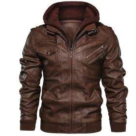 New Mens Outwear Bomber Vintage Autumn Black PU Leather Casual Jacket Slim Fit Motorcycle Biker Coats Removable Hood (Color: Brown, size: M)