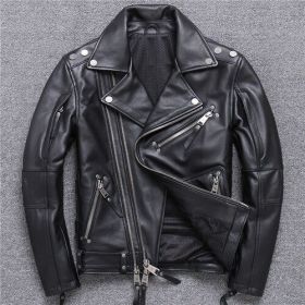 Vintage Genuine Leather Jacket Men 100% Real Cow Cowhide Mens Brown Black Motorcycle Coats Male Winter Warm Casual Outerwear (Color: Black, size: M)