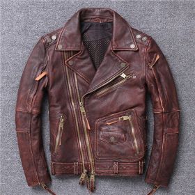 Vintage Genuine Leather Jacket Men 100% Real Cow Cowhide Mens Brown Black Motorcycle Coats Male Winter Warm Casual Outerwear (Color: Brown, size: L)