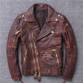 Vintage Genuine Leather Jacket Men 100% Real Cow Cowhide Mens Brown Black Motorcycle Coats Male Winter Warm Casual Outerwear (Color: Brown, size: M)