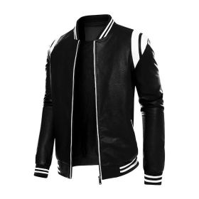 Men Leather Jacket Patchwork Biker Coat Motorcycle Jackets Mens Winter Casual Fleece Warm Coats Stripe Loose Outwear 2022 New (Color: Black, size: S)